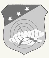 AFCRC emblem, circa 1958, 
the earliest recorded date.  It is a shield with three white stars in the upper left, 
representing the three missions of: electronics, geophysice and human applications.  
The cloud in the center, with two lightning bolts, symbolizes the geophysics mission, and 
the three concentric radar ring with sweep lines symbolizes the electronics mission.