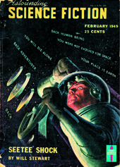 Cover of February 1949 issue of Astounding Science Fiction showing spaceman
.
