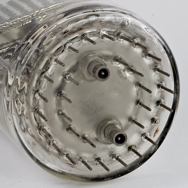 Image of the complex base and wiring, 
including two coaxial connector pins sealed throught the glass