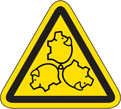 Three pigs in a yellow warning triangle sign